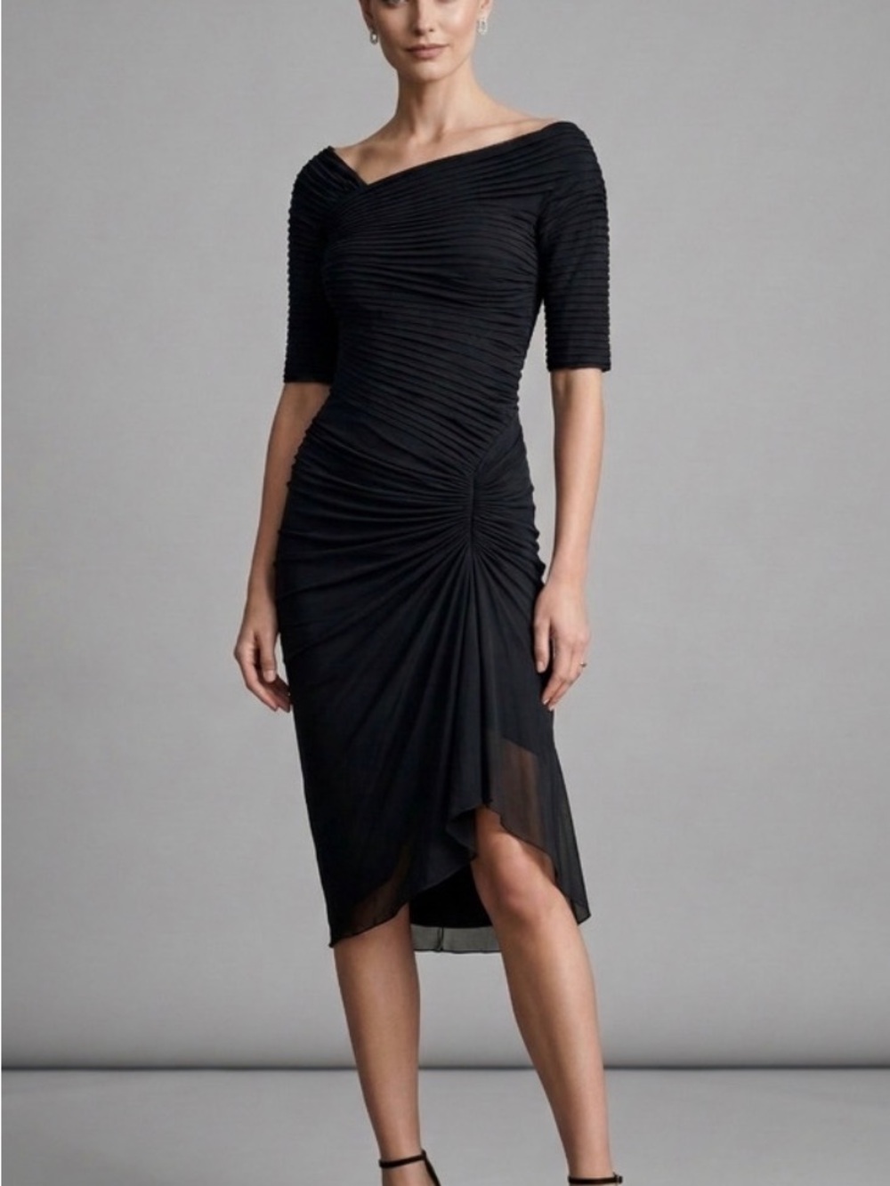Tadashi Shoji Black Ruched Off-Shoulder Midi Dress